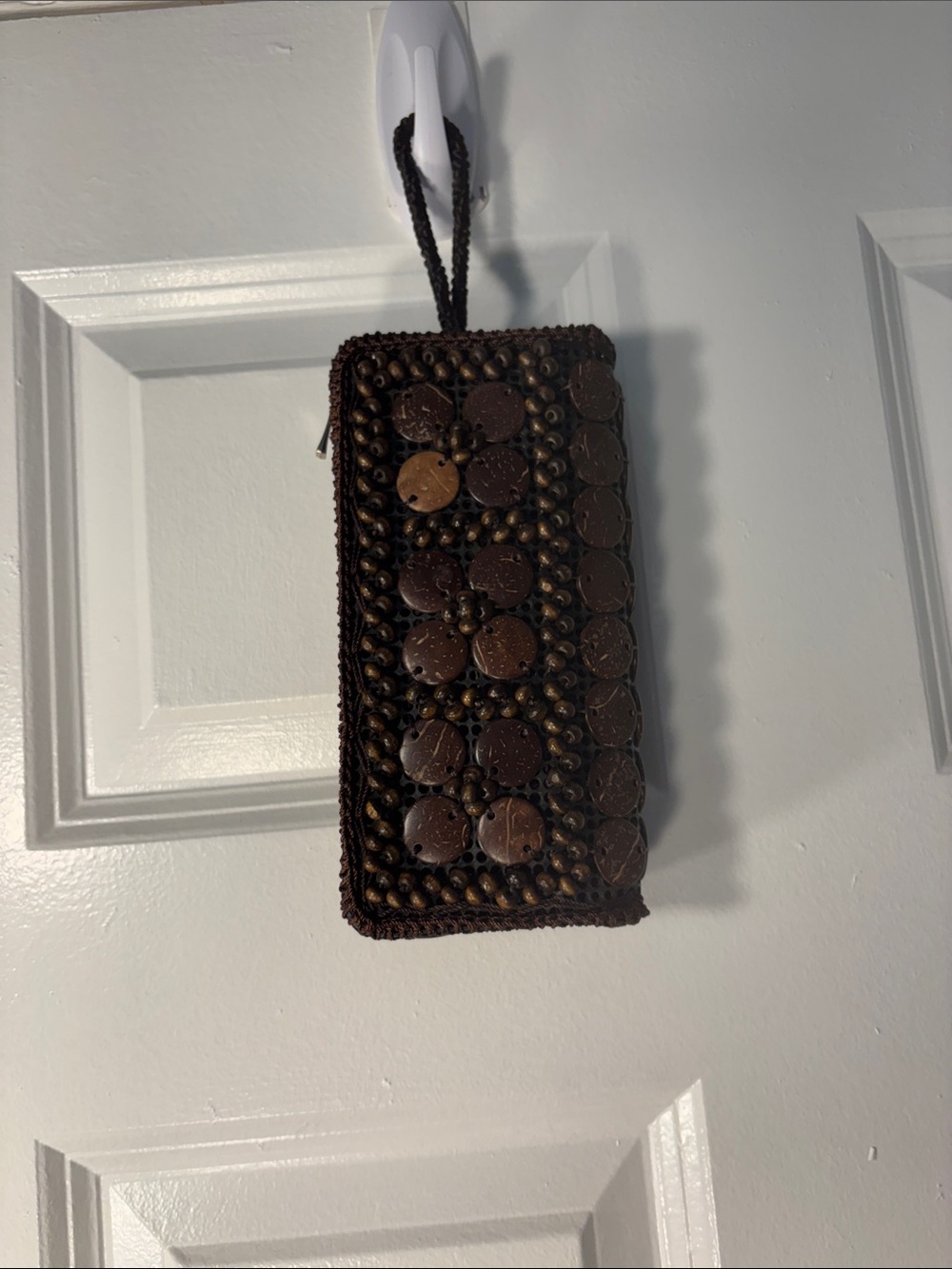 Brown Coconut Shell Beaded Double-Zip Wallet Wristlet